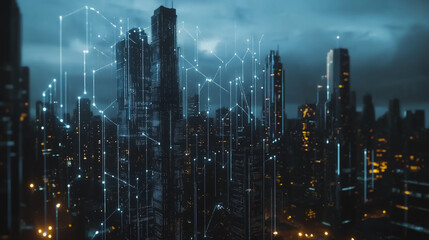 Smart digital Innovation city with connection network reciprocity over the cityscape. of future smart wireless digital city and social media networking systems that connects people with in city