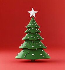 Fototapeta premium Stylized Green Christmas Tree 3D Render Red Background