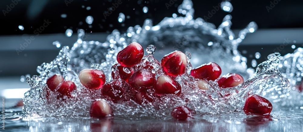 Poster a group of red pomegranate seeds splash into a clear liquid, creating a burst of water droplets.