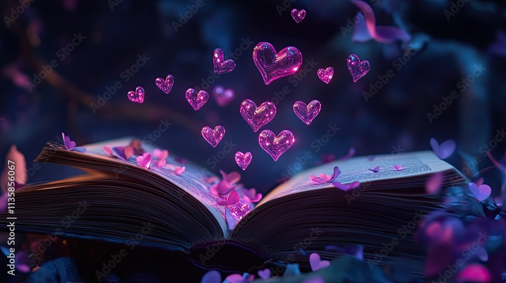 Poster enchanted storybook open with floating sparkling hearts and pink petals in mystical atmosphere, perf