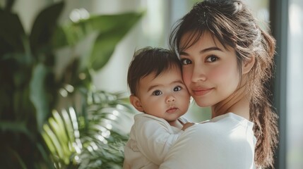 Fototapeta premium Mother portrait featuring a mother holding her baby close, illustrating love and connection in a serene moment