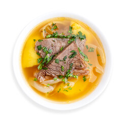 Beef soup with potatoes, top view, on a white background, isolated.
