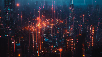 Obraz premium Smart digital Innovation city with connection network reciprocity over the cityscape. of future smart wireless digital city and social media networking systems that connects people with in city