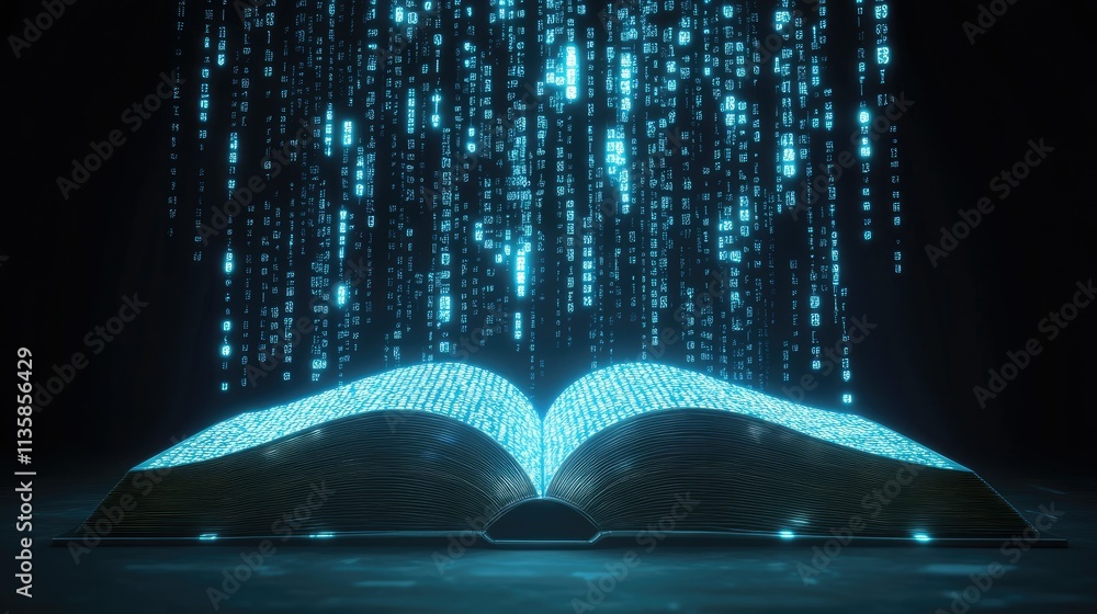 Poster open book surrounded by digital data rain representing knowledge and information flow in a modern te