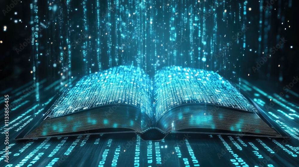Poster open book with digital data flowing from pages, representing the intersection of knowledge and techn