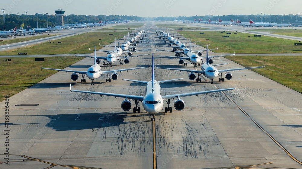 Poster multiple planes taxiing on a crowded runway, with airport operations in full swing during peak hours