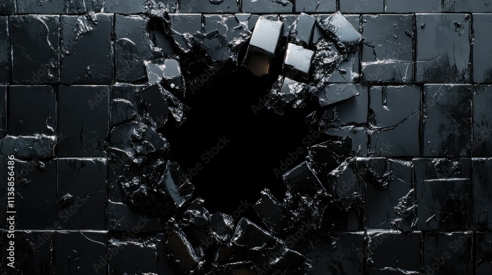 Poster a dramatic black surface with a large broken hole surrounded by shattered black tiles creating a str