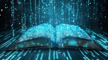 Open Book with Digital Data Flowing from Pages, Representing the Intersection of Knowledge and Technology in a Modern Learning Environment