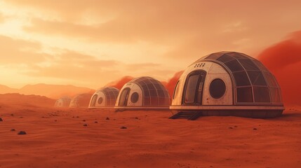Futuristic Martian Habitats Surrounded by Red Dusty Landscape