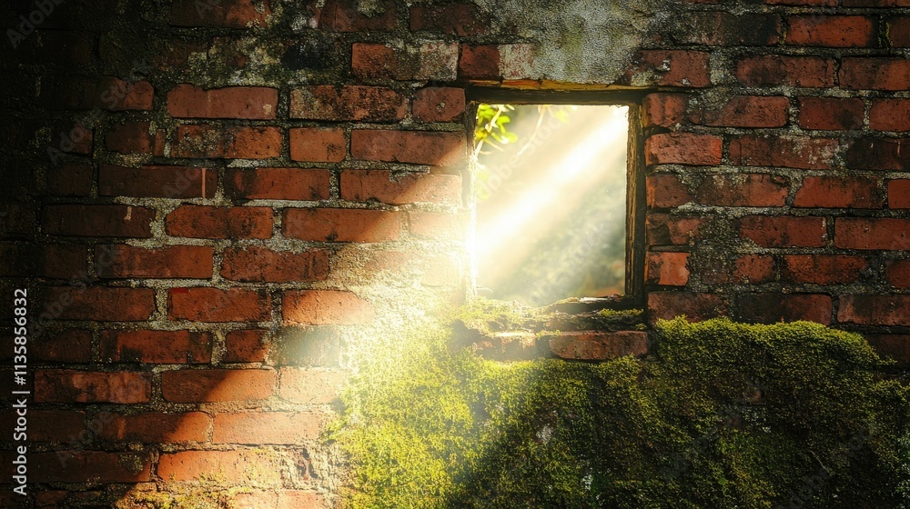 Poster sunlight streaming through a window in an old brick wall with green moss and soft light creating a m