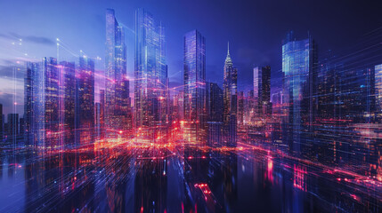 Obraz premium Smart digital Innovation city with connection network reciprocity over the cityscape. of future smart wireless digital city and social media networking systems that connects people with in city