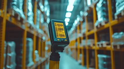 Handheld Barcode Scanner Displaying Scan in Warehouse Aisle Surrounded by Shelves Stocked with Products and Goods for Efficient Inventory Management and Tracking