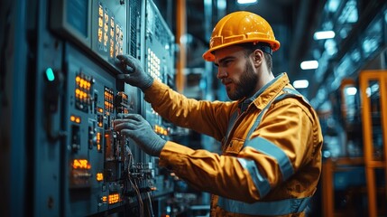 Industrial Technician Adjusting Controls on Heavy Machinery in a Modern Factory Setting with Bright Orange Lights and Safety Gear