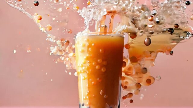 Iced bubble tea with milk and boba splashing in a plastic cup, surrounded by colorful sprinkles on a peach background. ai