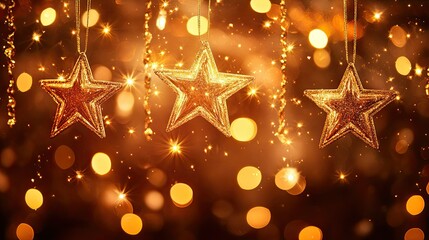 Golden Stars Hanging Decoratively Against a Festive Background of Shimmering Bokeh Lights for Holiday and Celebration Themes