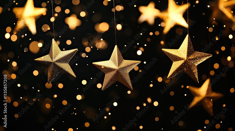 Poster sparkling golden stars hanging against a dark background with floating bokeh lights creating a magic