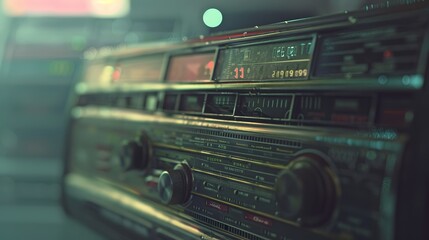Naklejka premium Close-up of vintage radio emitting static noise, contrasting with modern digital devices, symbolizing the shift from traditional to digital media.