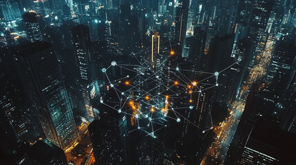 Smart digital Innovation city with connection network reciprocity over the cityscape. of future smart wireless digital city and social media networking systems that connects people with in city