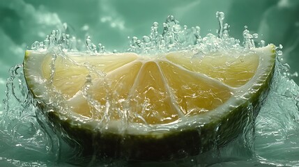 A vibrant lime slice frozen mid-splash, glowing under soft backlighting, intricate pulp details emphasized by shimmering water droplets, pastel green background providing a refreshing tropical vibe,