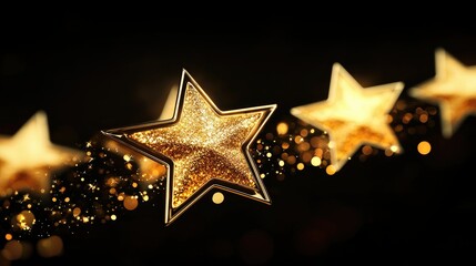 Shimmering Gold Stars with Bokeh Effect on Dark Background, Perfect for Celebrations, Awards, and Creative Projects Featuring a Magical Atmosphere