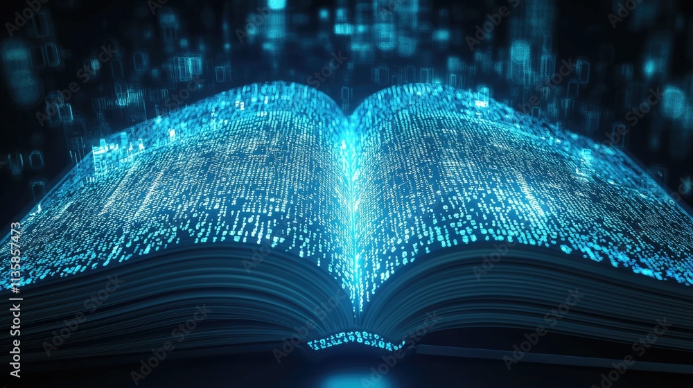 Poster glowing open book with digital data flowing from pages, symbolizing knowledge and technology, futuri