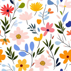 Bright floral pattern featuring colorful flowers and leaves, perfect for textiles or wallpaper. design includes various shapes and vibrant colors, creating cheerful atmosphere