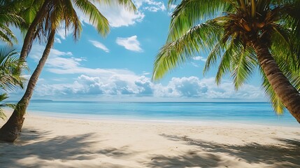 Tropical Beach Paradise. Palm Trees, Ocean, and White Sand. Concept of Relaxation, Vacation, and Travel.