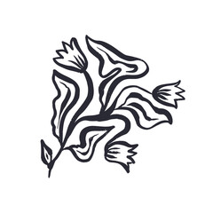 Black and white minimal abstract inky line art flower. Monochrome sketchy textured loose floral doodles. Hand drawn botanical abstraction