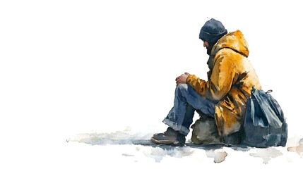 A solitary figure in a yellow coat sits on the ground, embodying themes of loneliness and resilience in a watercolor style with soft colors and subtle shadows.