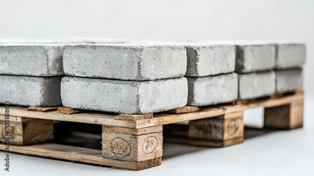 Poster a stack of gray concrete bricks on a wooden pallet ready for construction or building projects in a 