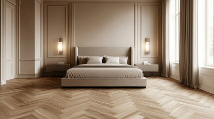 Elegant bedroom with beige walls, herringbone floors, and a plush bed.