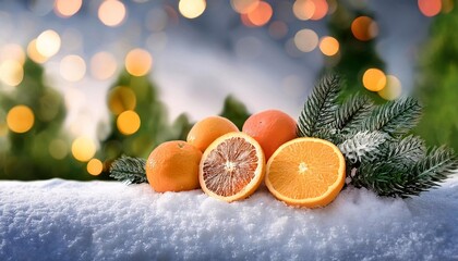 citrus fruits on snow - christmas background with space for text