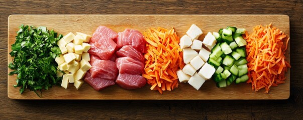 A vibrant assortment of fresh ingredients, including herbs, vegetables, and protein, neatly arranged on a wooden board, perfect for meal preparation.