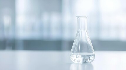 A clear laboratory flask containing liquid, set against a blurred background.