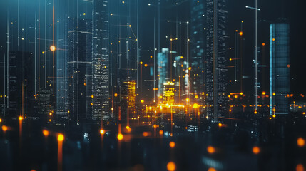 Smart digital Innovation city with connection network reciprocity over the cityscape. of future smart wireless digital city and social media networking systems that connects people with in city