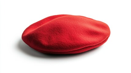 Bright Red Wool Beret Glowing on White Background, Artistic Display of Fashion Accessory with Rich Color and Soft Texture Ideal for Creative Projects and Visual Merchandising