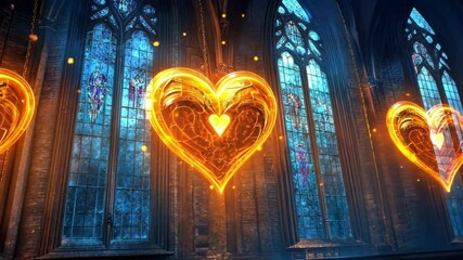 Glowing hearts in gothic chapel with stained glass and mystical atmosphere. Happy Valentine's Day. 14 february.