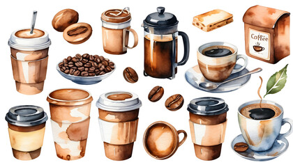 Watercolor illustration featuring a diverse array of coffee items, including coffee beans, cups, mugs, a french press, and a coffee tin, creating a warm coffee ambiance