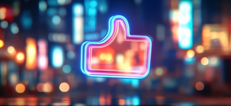 Neon Thumbs Up Icon Glowing in City Night Lights