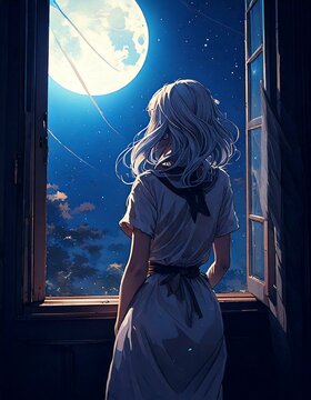 Una mujer mirando por una ventana oscura en una habitaci&oacute;n iluminada solo por la luz de la luna, con sombras misteriosas proyectadas en las paredes.