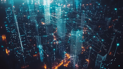 Obraz premium Smart digital Innovation city with connection network reciprocity over the cityscape. of future smart wireless digital city and social media networking systems that connects people with in city