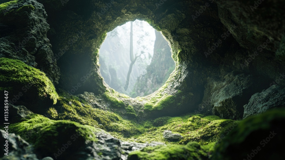 Poster light filtering through a natural hole in rock surrounded by lush green moss in a serene forest sett