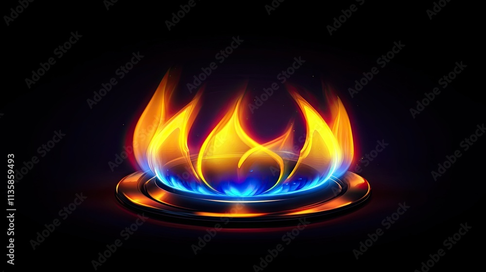 Poster vibrant flames emanating from a circular gas burner with a dark background, creating a mystical glow