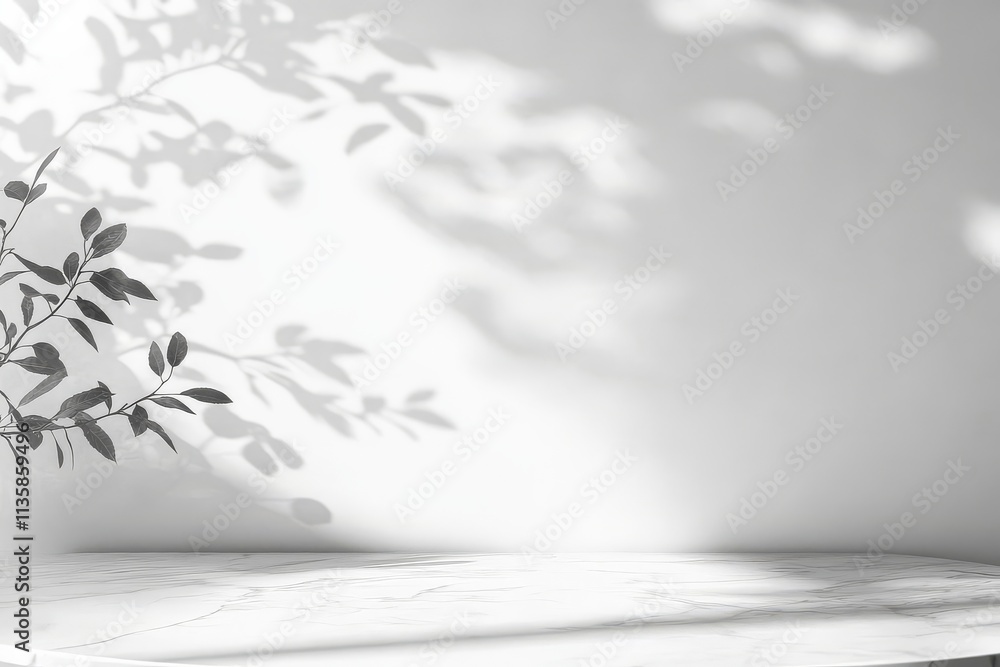 Poster elegant marble table showcasing a delicate tree shadow on a pristine white wall.