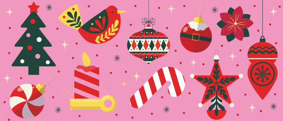 Christmas design elements. Cute Christmas ornaments.  Decorative decorations for Christmas and New Year. Christmas ball, star, bell, spruce, icicle. Vector illustration.