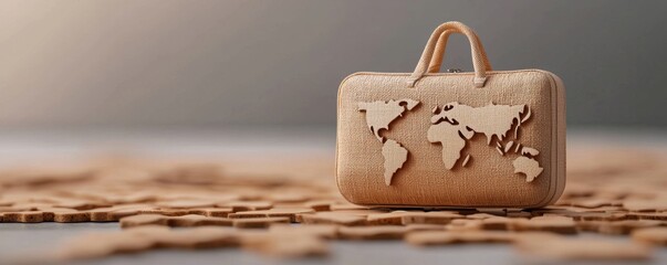 A wooden suitcase with a world map design sits among scattered puzzle pieces, symbolizing travel and exploration.