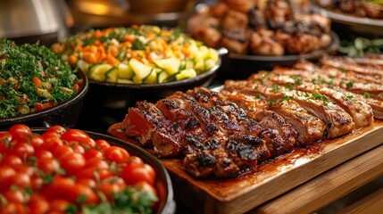 Obraz premium Sizzling Steak and Fresh Salad Buffet