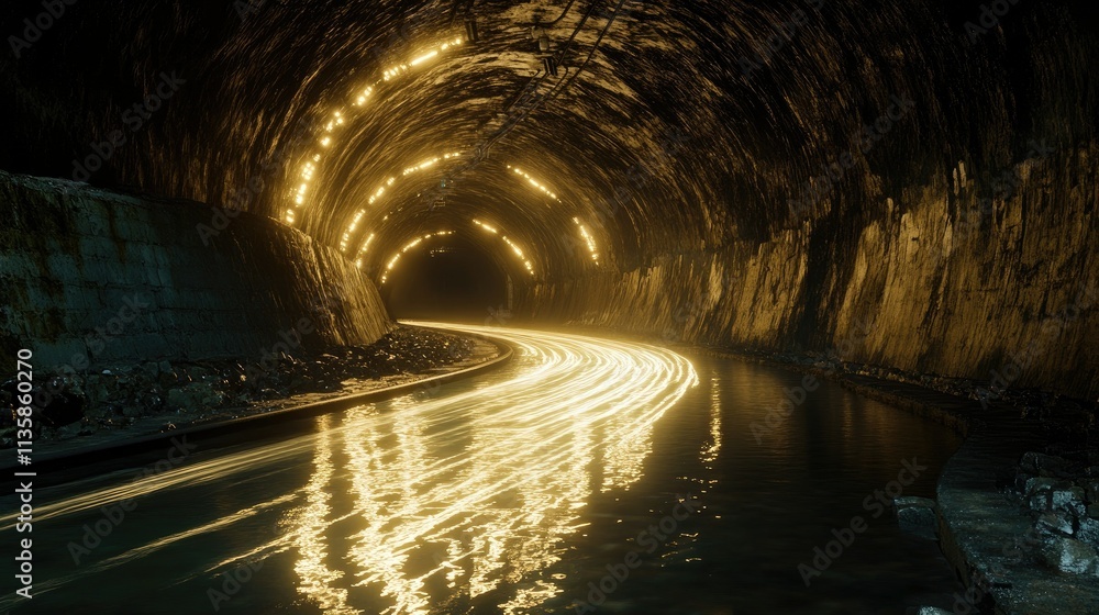 Poster mysterious underground tunnel with illuminated pathway and reflective water surface captured in a da