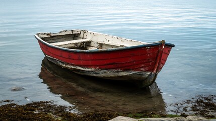 Obraz premium Old red fishing boat on the water. Concept of solitude, tranquility, and the sea.