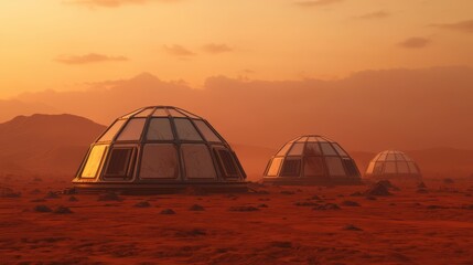 Futuristic Habitats on Mars During Golden Hour with Dramatic Sky